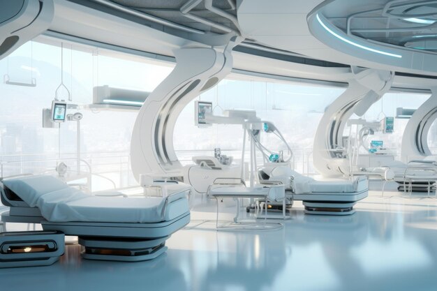 Photo futuristic white hospital with robots glass and light