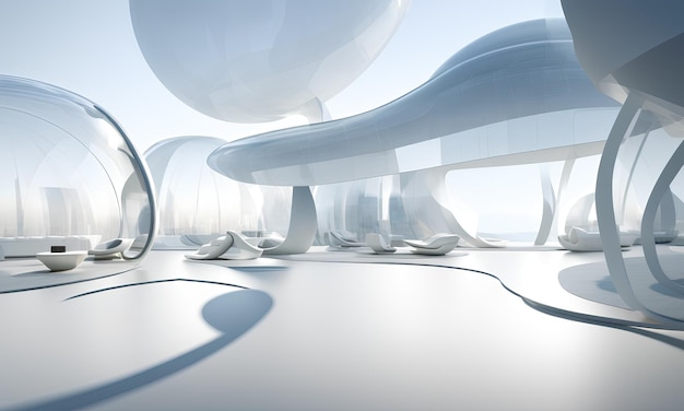 Futuristic white room under the open sky, product view