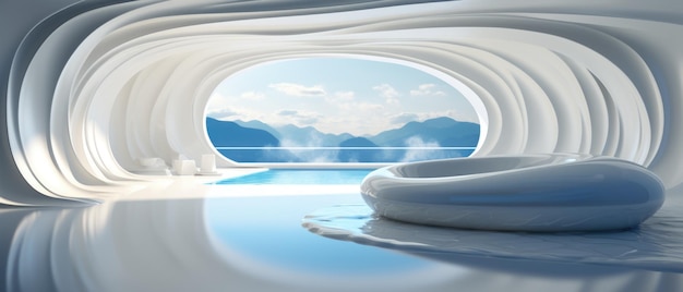 Futuristic white room with jacuzzi scifi room looking out to an landscape