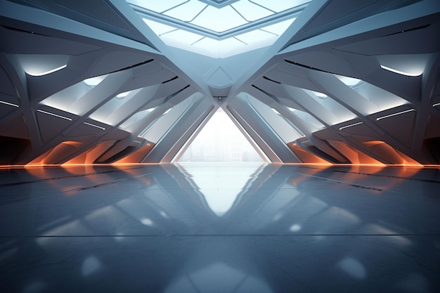 a futuristic white room with a large floor