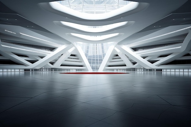 a futuristic white room with a large floor