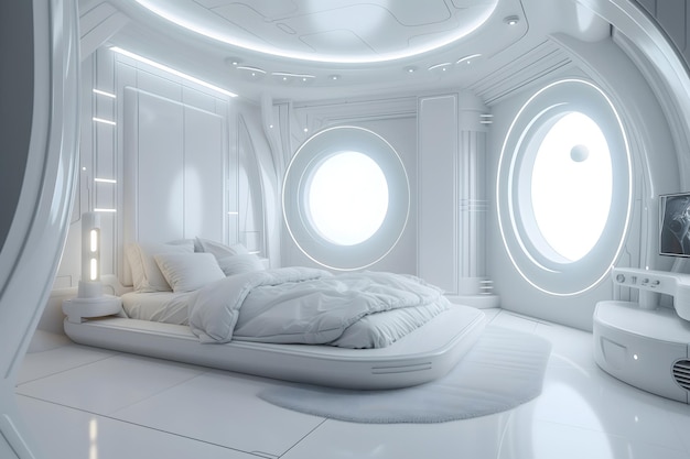 futuristic white space station style interior of bedroom