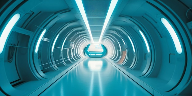 Futuristic white spaceship and light space tunnel