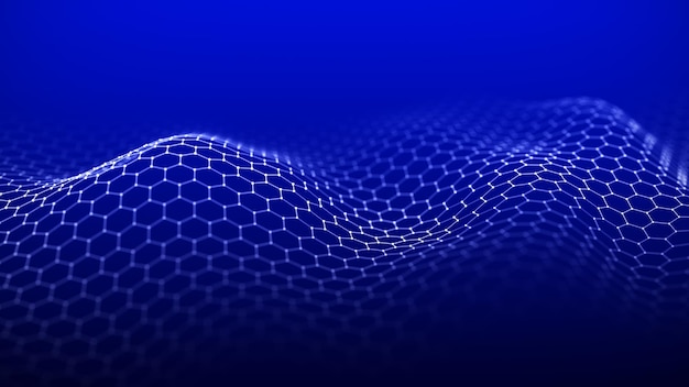 Futuristic white wave of hexagonal grid on a blue background The concept of big data Network connection Cybernetics and artificial intelligence 3d rendering