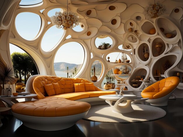 Photo futuristic white and yellow living room with furniture