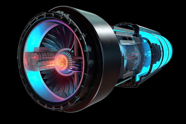 高度な機械と持続可能なエネルギーを表す青と黒の未来的な風力タービン