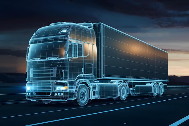 Futuristic wireframe truck and trailer 3D illustration concept