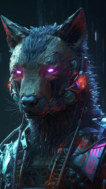 A futuristic wolf with purple eyes and purple lights on his head