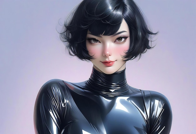 Futuristic woman in black latex costume