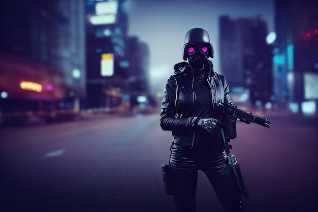 A futuristic woman in a hooded leather jacket wears a night\
vision helmet holds
