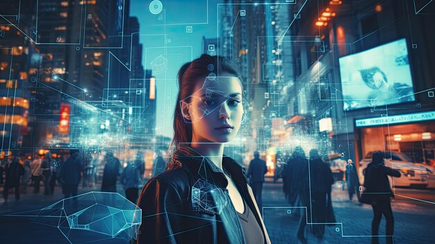 Futuristic woman and modern city at night Technology concept
