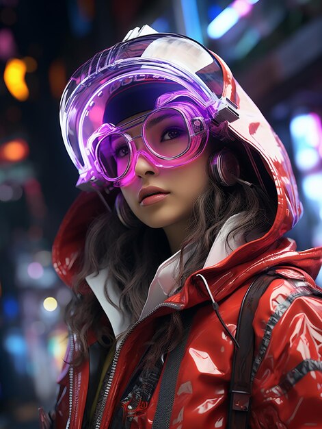 Photo futuristic woman neon night in cyber city