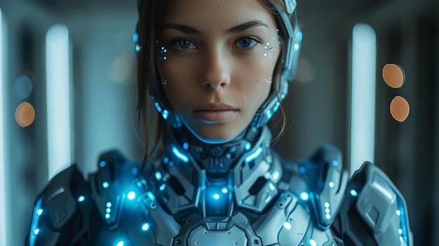 Futuristic Woman in Suit Faces Camera