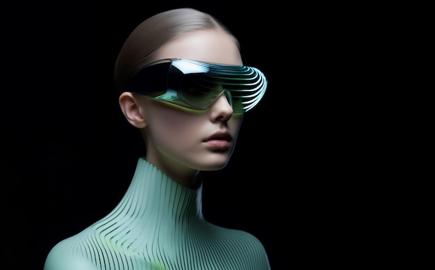 Photo futuristic woman using vr virtual reality ar technology future concept copy space ai generated