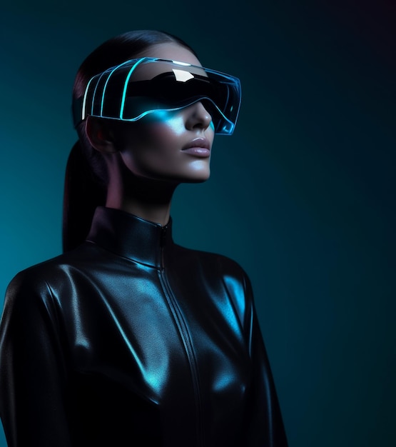 Futuristic woman using VR virtual reality AR technology future concept copy space Ai generated