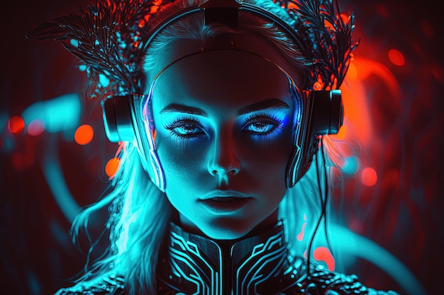 Donna futuristica in occhiali per realtà virtuale sullo sfondo di una città al neon cyberpunk retrowave synthwave arte ad alta definizione intelligenza artificiale generativa