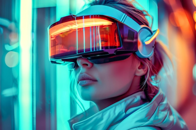 Photo futuristic woman wearing advanced vr headset in neonlit environment