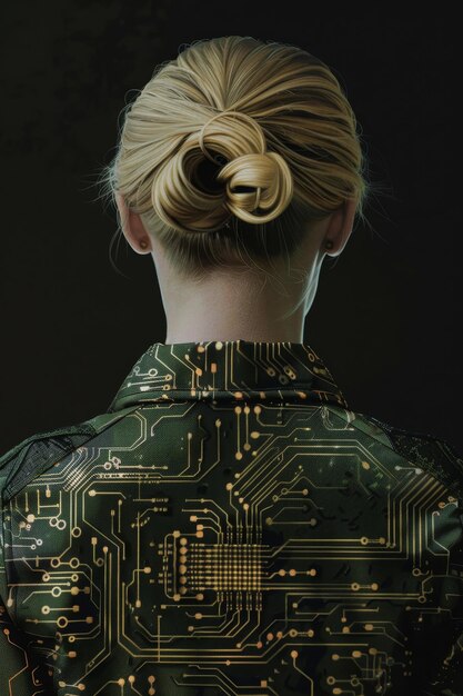 Photo futuristic woman with circuit board pattern on clothing