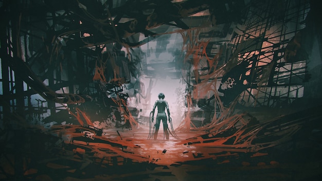 futuristic woman with many cables connecting her body standing in an abandoned building full of red slime, digital art style, illustration painting