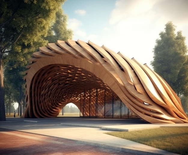 a futuristic wooden house digital art