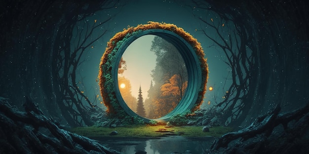 A futuristic woodland doorway in the heart of the forest against raster graphics