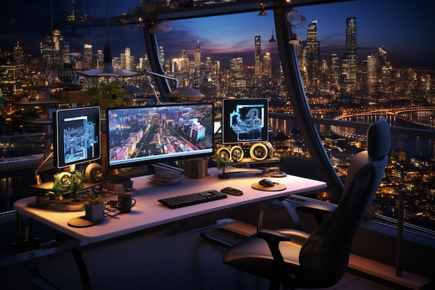 Futuristic work environment 3D rendering showcasing metaverse workspace and collaboration