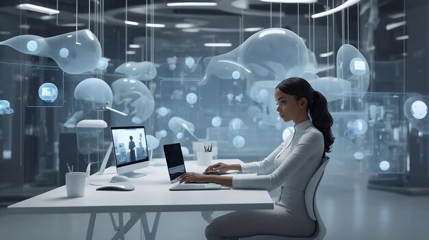 Futuristic workspace person working with floating screens