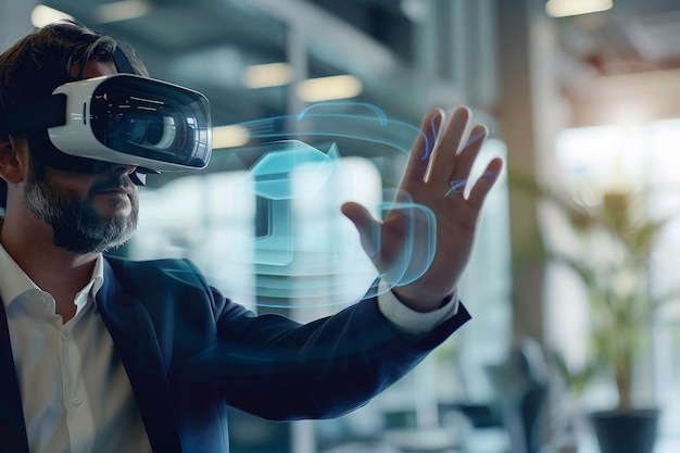 Футуристические рабочие пространства Бизнесмен, использующий наушники VR Технология VR
