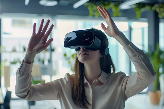 Spazi di lavoro futuristici donne d'affari che utilizzano un auricolare vr tecnologia vr