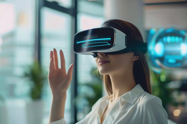 フューチュリスティック・ワークスペース - ビジネス・ウーマンVRヘッドセットVRテクノロジー