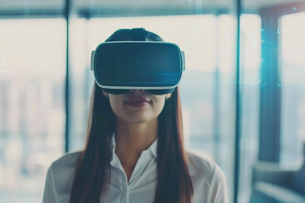 미래적 인 작업 공간 비즈니스 여성은 VR 헤드을 사용합니다.