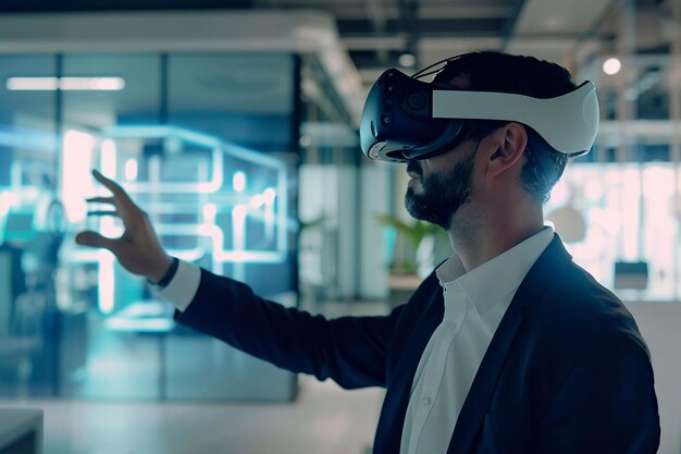 Foto futuristic workspaces zakenman met een vr-headset vr-technologie