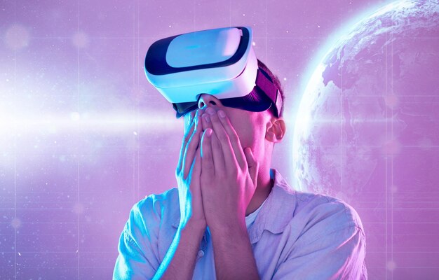 Futuristic wow and man with vr planet exploring a cyber space world surprise shock and male in virtual reality metaverse or exploration of galaxy stars neon and universe simulation with 3d tech