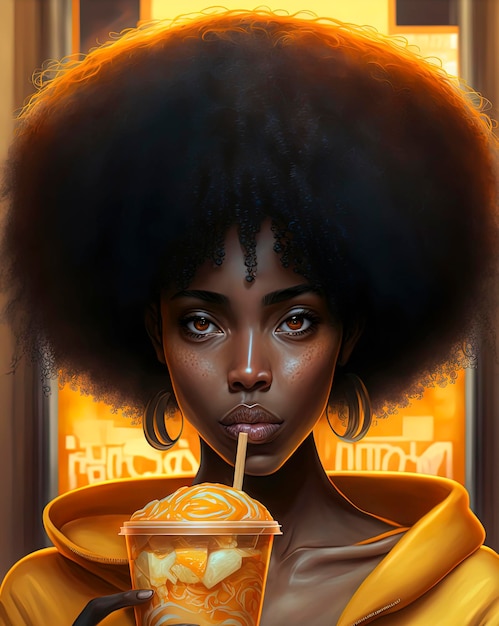 Futuristic young beautiful African woman black afro textured hair cute outfit with gold and yellow colour scheme