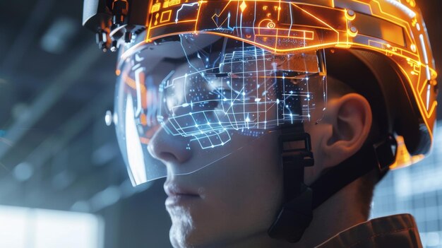 Photo a futuristiclooking smart helmet worn by workers featuring a headsup display with realtime data and