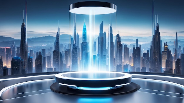 Futuristisch acryl podium met sci-fi stadsbeeld achtergrond