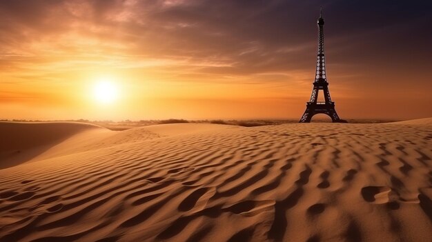 Futuristisch concept om de planeet te redden Parijse Eiffeltoren in het woestijnzand Ecologische catastrofe