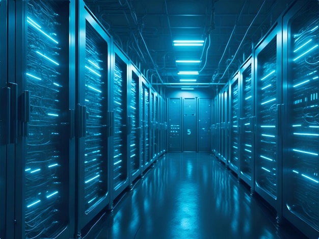 Futuristisch concept van datacenter in magazijn Informatiedigitaliseringslijnen die via serverruimte SAAS Cloud Computing-webservice streamen