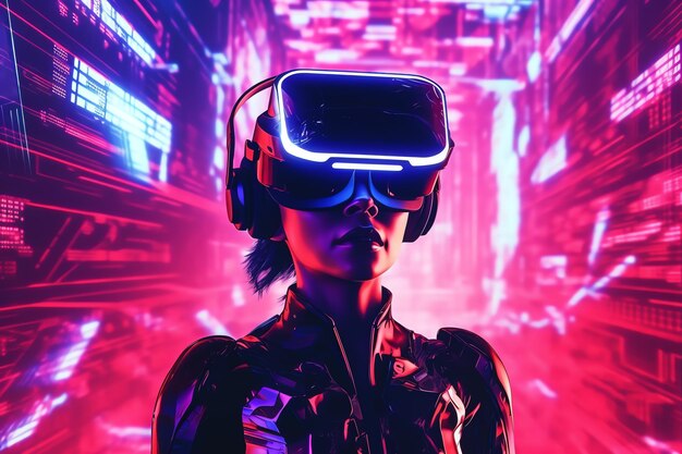 Futuristisch concept van vr- en ar-technologie een virtual reality op een blauwe achtergrond Metaverse concept