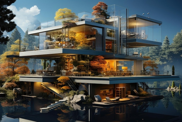 Futuristisch conceptueel huis van de toekomst Het frame is gemaakt van milieuvriendelijk, ultralicht en duurzaam materiaal Het interieur is comfortabel en eenvoudig en versmelt met de omringende natuur