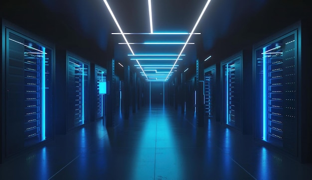 Futuristisch datacentrum met verlichte serverracks en blauwe verlichting in een donkere gang