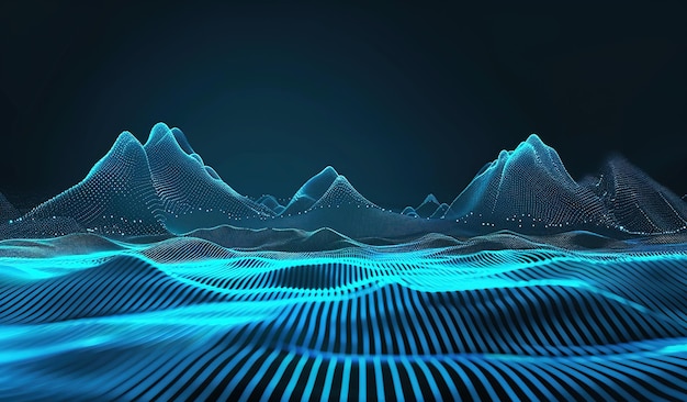Futuristisch digitaal landschap met gloeiend blauw rooster en bergen abstracte cybertechnologie achtergrond