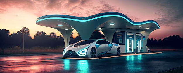 Futuristisch elektrisch tankstation, een innovatieve supercar die is opgeladen met moderne technologie