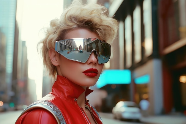Futuristisch en stijlvol vrouwelijk modemodel uit de jaren 80 poseert overdag in de straten van de stad Generatieve AI
