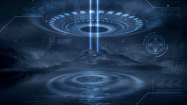 Futuristisch fantasienachtlandschap met lichtreflectie in water. Neon space galaxy portal 3D-afbeelding