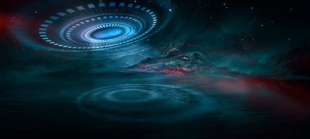 Futuristisch fantasienachtlandschap met lichtreflectie in water. Neon space galaxy portal 3D-afbeelding