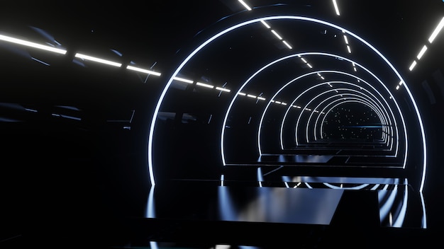 Futuristisch gangconcept met neonlichten abstracte donkere achtergrond 3d-rendering