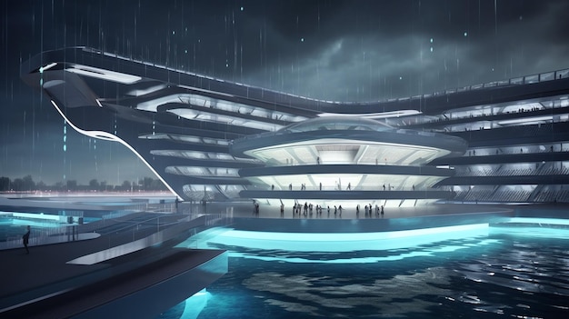 Futuristisch gebouw aan het water Een verbluffend architectonisch concept voor uw volgende project