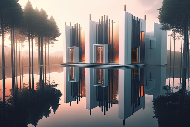 Foto futuristisch gebouw dat bij zonsopgang een elegante scène is