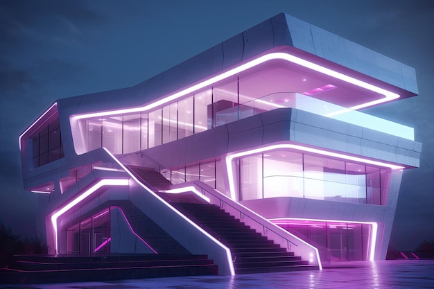 Futuristisch gebouw met verlichte trappen 's nachts Generatieve AI